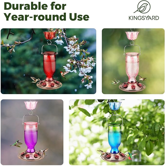 Kingsyard Glass Hummingbird Feeders for Outdoors, 24 oz Hummingbird Nectar Feeder for Outdoors Garden Yard D�cor, 6 Feeding Ports, Ant Moat Included, Easy to Clean & Refill, Pale Pink