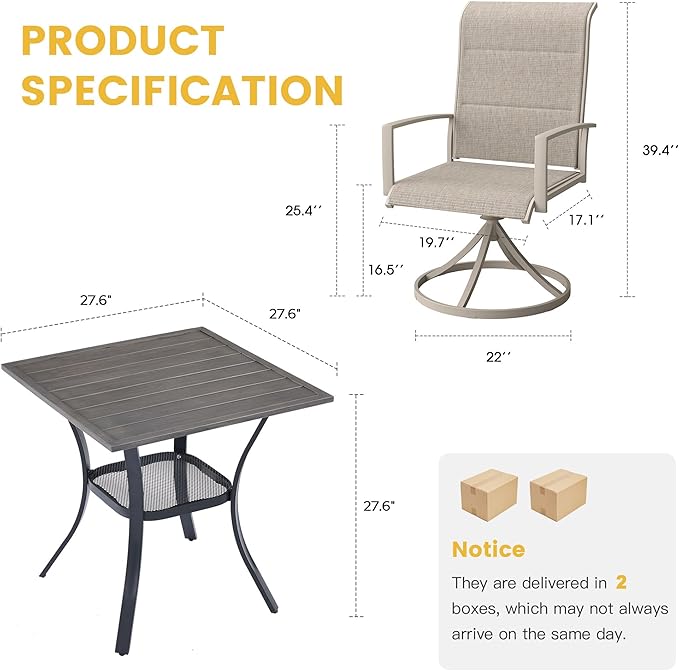 VICLLAX 3 Pieces Small Patio Table and Swivel Chairs for 2, All Weather Patio Dining Set, Grey Wood Grain Tabletop and Sandshell Fabric