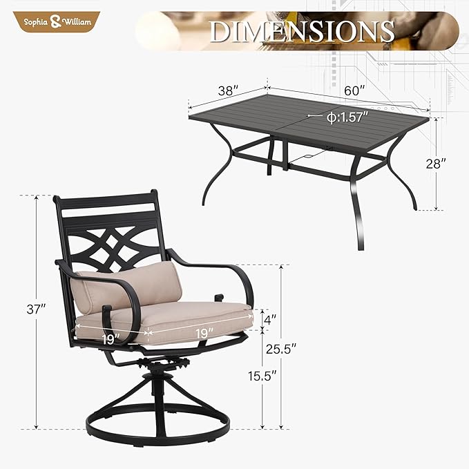Sophia & William Swivel Patio Dining Set for 6, Outdoor Table and Chairs, Removable Seat Cushions, 60" Black Patio Dining Table