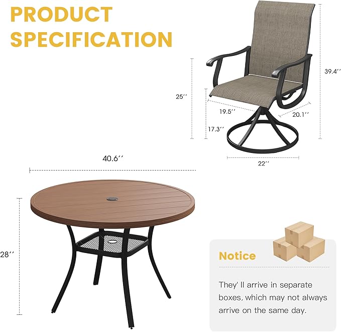 VICLLAX Patio Dining Set for 4, 5 Pieces Outdoor Furniture Includes 40.6" Round Patio Table with Umbrella Hole and 4 Outdoor Swivel Chairs for Lawn Garden, Walnut Tabletop and Mixed Brown Fabric