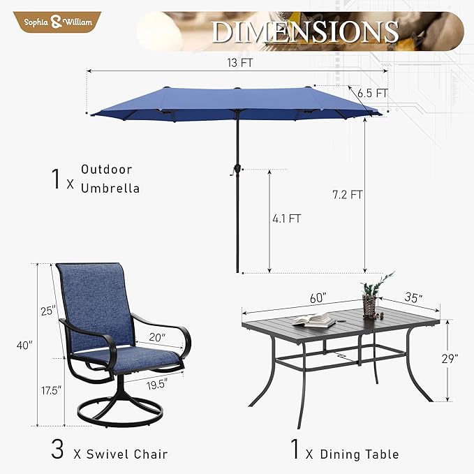 Sophia & William Patio Set with Umbrella 8 Pieces Outdoor Dining Set for 6 with 13ft Large Patio Umbrella Navy, 6 x Blue Swivel Patio Chairs with 59" Dining Table for Lawn Garden