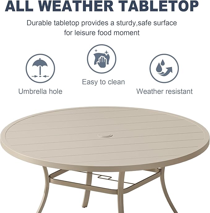 VICLLAX 53" Outdoor Round Patio Dining Table for 8, All Weather Metal Dining Table with Umbrella Hole for Deck Lawn Garden Backyard, Sandshell