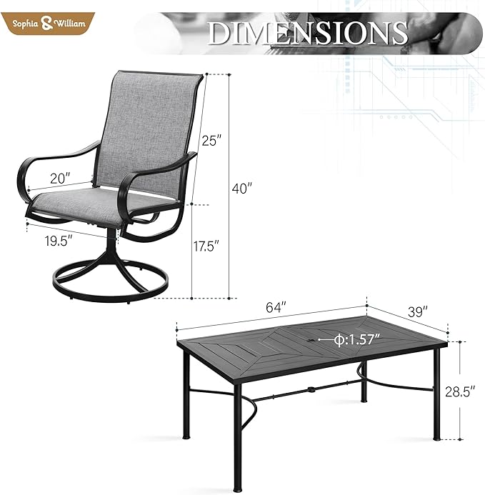 Sophia & William Outdoor Dining Set Patio Dining Set for 6 Outdoor Table and Chairs 7 Pieces Outdoor Patio Set with Swivel Patio Chairs 64" Metal Table for Garden Pool All Weather Grey