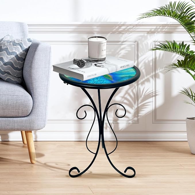 HONGLAND Outdoor Side Table, 12" Round Small Outdoor Glass End Table, Glass Plant Stand, Small Bistro Coffee Table for Garden Patio Porch Living Room (Peacock)