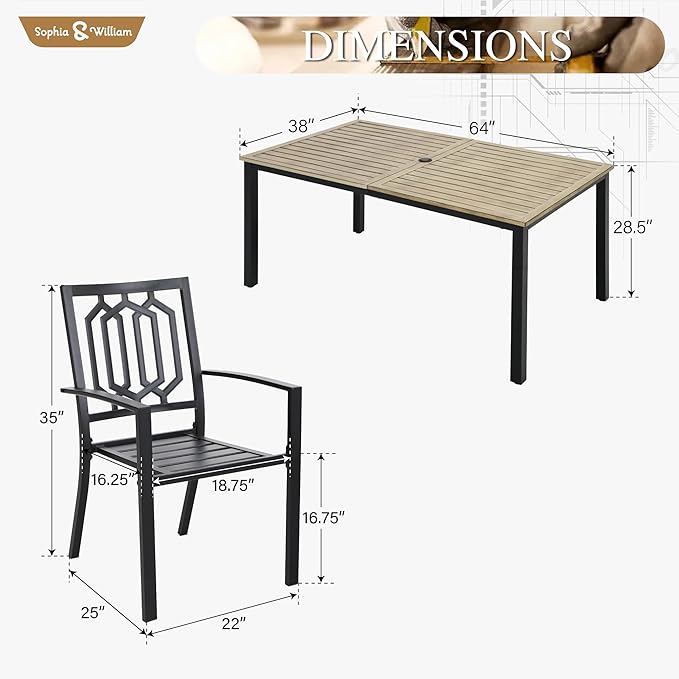 Sophia & William 7 Piece Outdoor Table and Chairs Patio Dining Set Metal Patio Table Furniture Set with Large Rectangular Dining Table for 6 Person and Stackable Outdoor Chairs Support 300LBS (Balck)