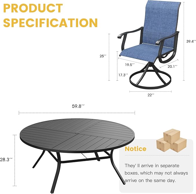 VICLLAX 9 Pieces Patio Dining Set for 8 Includes 60" Outdoor Round Table and 8 Patio Swivel Chairs for Lawn Garden, Black Tabletop and Blue Fabric