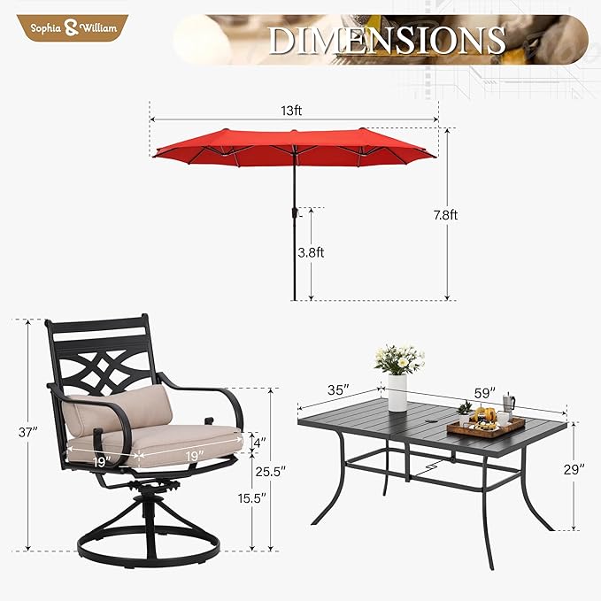 Sophia & William Swivel Patio Dining Set for 6 | 13ft Patio Umbrella Red | Removable Seat Cushions | Black 59" Patio Dining Table