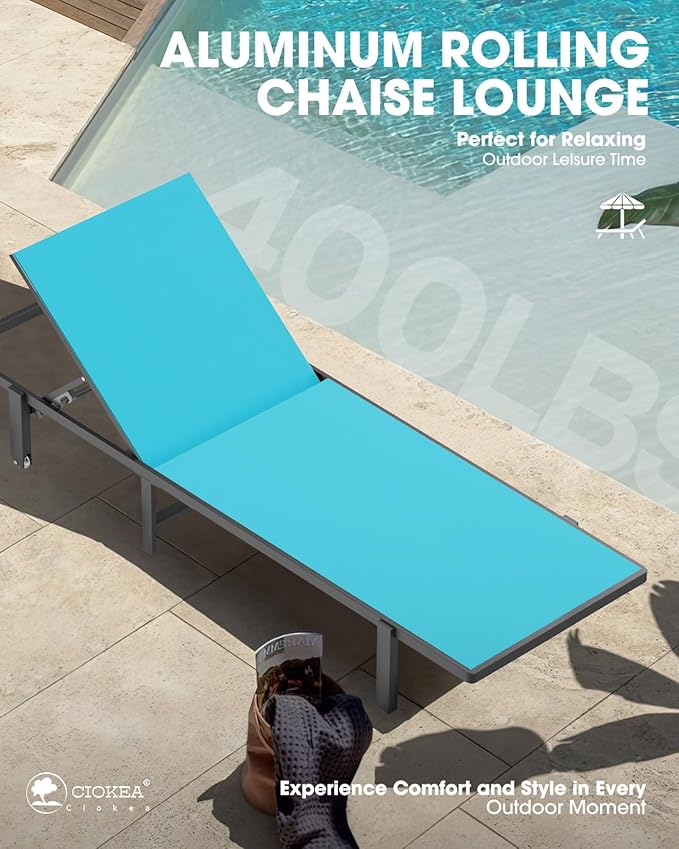 Patio Chaise Lounge Chair Set of 2, Outdoor Lounge Chairs with Wheels, 5-Position Adjustable Sun Loungers for Pool, Deck, Beach, Lake Blue