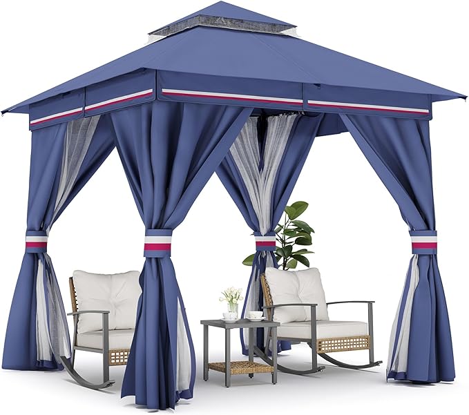 LAUSAINT HOME Outdoor Patio Gazebo 8'x8' with Expansion Bolts, Heavy Duty Gazebos Shelter Party Tent with Double Roofs, Mosquito Nettings and Privacy Screens for Backyard, Garden, Lawn, Navy Blue