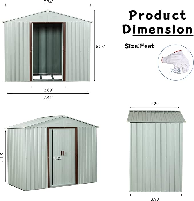 8 x 4 FT Outdoor Storage Shed, Metal Garden Shed with Floor Frame, Tool Shed Outdoor Storage with Lockable Sliding Doors & Air Vents, Storage House Waterproof for Backyard, Lawn, White