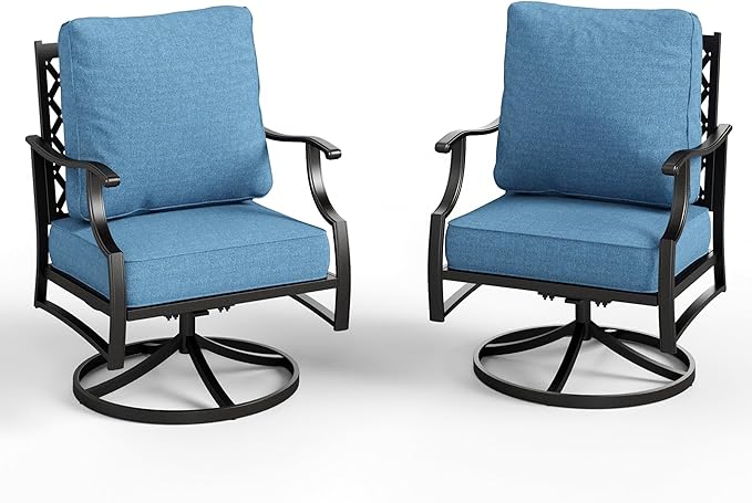 Swivel Patio Chairs Set of 2, High Back Outdoor Swivel Patio Metal Chairs with 5.75" Thick Cushions for Bistro Balcony Porch Deck and Yard, Navy Blue