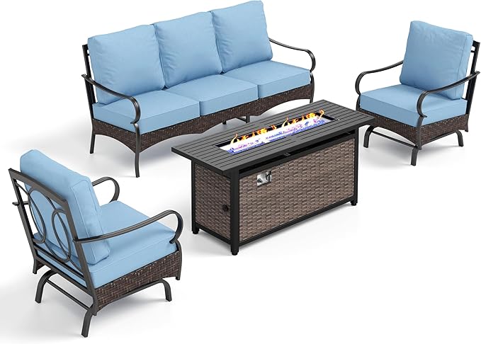 Patio Furniture Set with 56" Fire Pit Table, Premium Outdoor Wicker Metal Frame Furniture with Upgraded Waterproof Thick Cushions for Porch, Poolside, Deck, and Yard (4 Pieces,Blue)