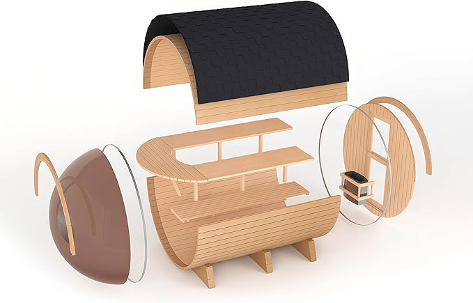 Panoramic Barrel Sauna 6 Person, Canadian Red Cedar Outdoor Sauna, 220V 6KW Toule Heater, Triple Waterproof System, (0-195 °F)