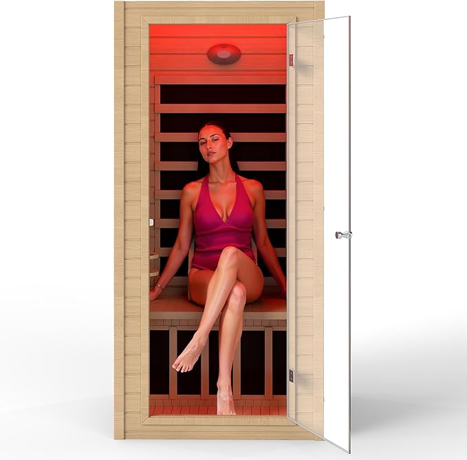 springspa Far Infrared Sauna 1 Person Indoor Sauna Spa Room, Canadian Hemlock Wooden Infrared Saunas for Home with Low Emf Lighting, Bluetooth Speakers, LCD Control Panel, 9 Chromotherapy