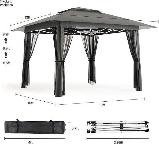 Bealife 13x13 Pop Up Gazebo Tent with Mosquito Netting, Outoor Canopy Tent with 4 Sandbags, 8 Stakes, 4 Ropes, Roller Bag, Pop Up Canopy for Lawn Backyard Garden Deck (Grey, 13x13)