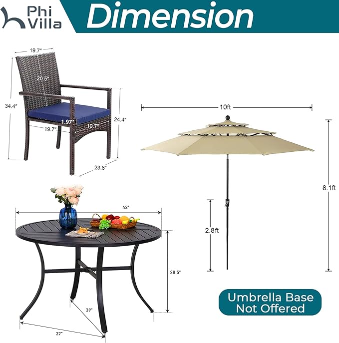 PHI VILLA 5 Pieces Outdoor Dining Set with Umbrella for 4, Round Metal Iron Dining Table & Wicker Chairs with Cushions & Large Beige Umbrella, Morden Dining Furniture for Patio, Deck, Yard, Porch