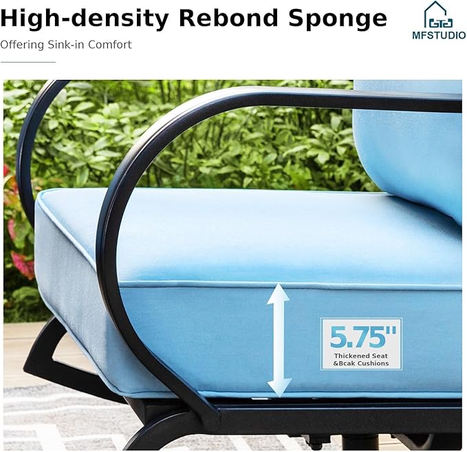 MFSTUDIO 4 Pieces Patio Conversation Sets, All Weather Metal Frame Outdoor Furniture Set Patio Sofas with 1 x 45 Rectangular Propane Fire Table, 1 x 3-Seat Sofa, 2 x Swivel Chairs, Blue Cushion