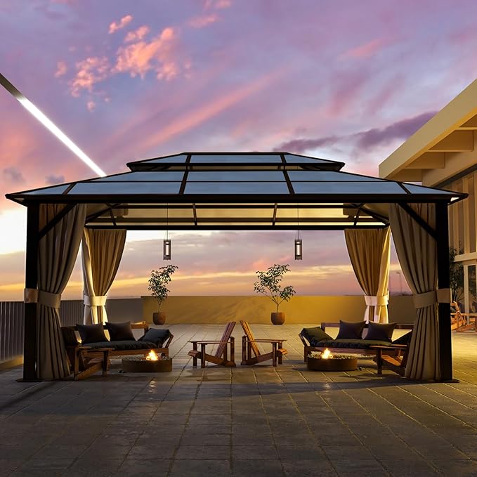 12'x16' Hardtop Gazebo, Outdoor Polycarbonate Double Roof Canopy, Aluminum Frame Permanent Pavilion with Curtains and Netting, Sunshade for Garden, Patio, Lawns