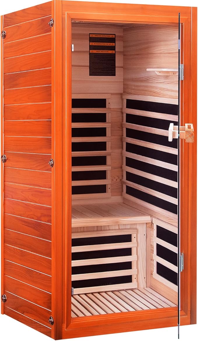 Sauna, Far Infrared Saunas for Home 1 Person Wooden Sauna 1065W/120V Low Emf Dry Sauna Indoor Sauna Room with Tempered Glass Door/Speakers/Air Hole and Colored Lighting - 31.5 * 31.5 * 63 in