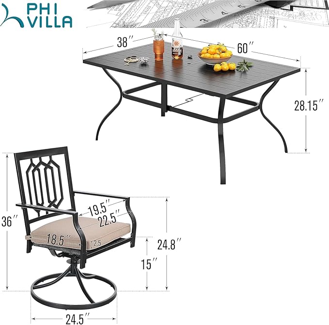 PHI VILLA 7 Pieces Patio Dining Set for 6, 60" Rectangle Metal Steel Table with Umbrella Hole & Swivel Wrought Iron Chairs with Cushions, Large Outdoo Furniture Set for Deck, Porch, Yard