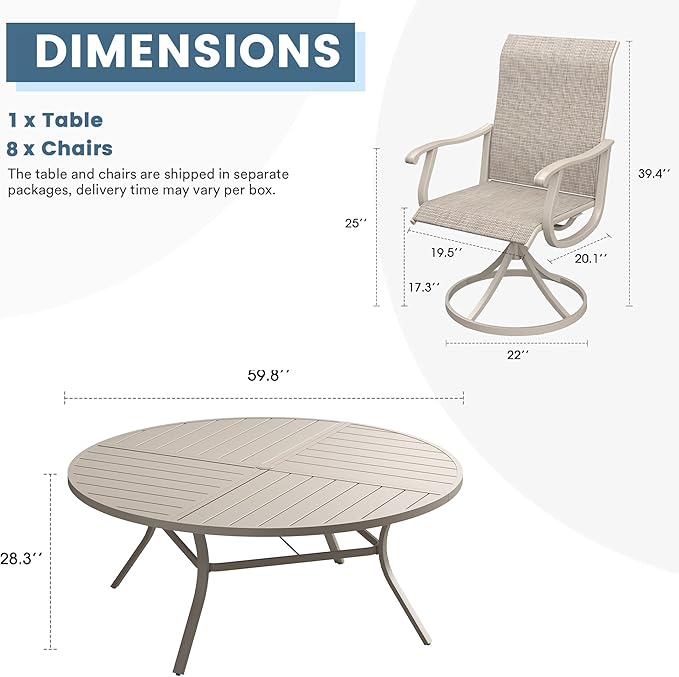 DIFY 9 Pieces Outdoor Patio Dining Set, 8 Sandshell Textilene Swivel Dining Chairs and 59.8" Sandshell Round Metal Dining Table, Outdoor Table and Chairs