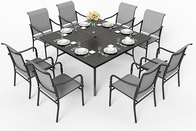 HERA'S HOUSE Square Outdoor Dining Set for 8, 9 Pieces Patio Table and Chairs Set, All Weather Black Metal Table with 8 Dining Chairs for Backyard Garden Lawn Deck Porch