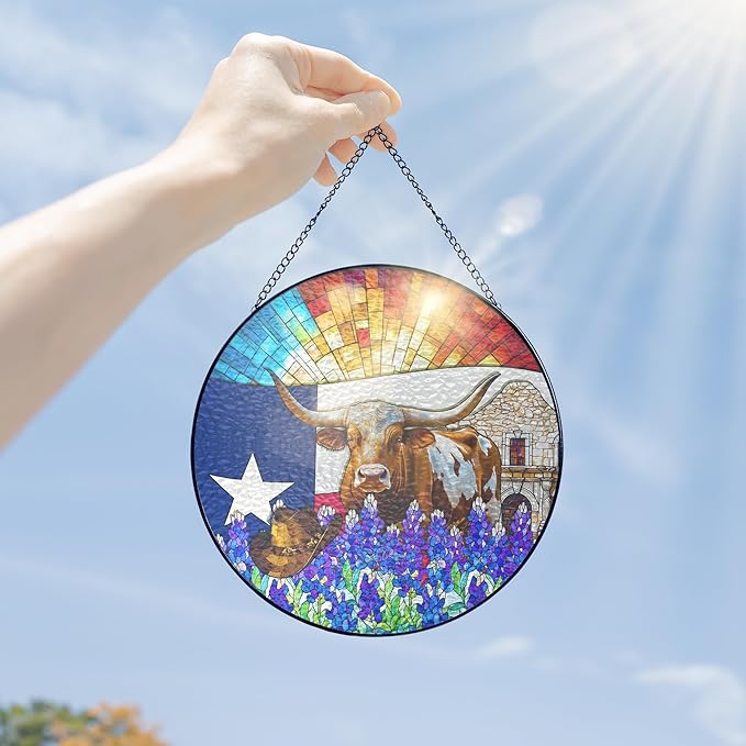 FLAGWIX Christmas Texas Gifts for Women Men - Stained Glass Window Hanging 10in - Sun Catchers Indoor Window for Garden Decor, Texas Themed Gifts for Mom Dad, House Warming Gift for Wife Husband
