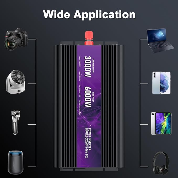 3000W Power Inverter,Peak Power 6000W 12V DC to AC 110V120V,Remote Control with 2AC Outlets and 2.4USB Port,LCD Display for Power Converter,Outdoor Activities,Emergency,Vehicles Truck RV Solar System