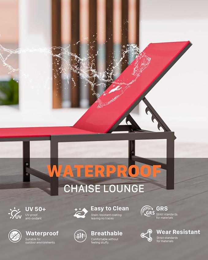 Chaise Lounge Chair Outdoor, Aluminum PatioChairs with 5 Adjustable Backrest and HeadrestPillows for Outside Beach,Red