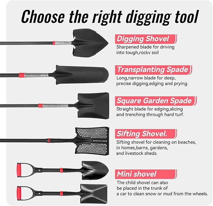 SHARK ATTACK 4-Piece Steel Shovel Set with D-Grip Handles - Multi-Size Garden Shovels with Powder Coating for Digging, Planting & Car Emergency