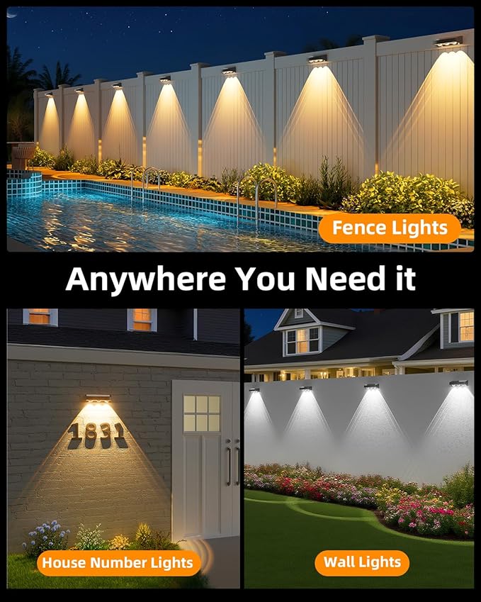 Solar Fence Lights Outdoor, 8 Pack, 9 Fixed Colors & Color Changing Fence Lights Solar Powered Waterproof IP65 Dusk-to-Dawn LED Deck Lighting for Patio, Railing, Pool, Porch, Backyard, Wall