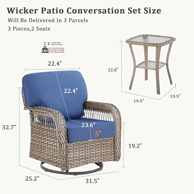 Outdoor Swivel Rocker Chairs - Patio Rocking Chairs Set of 2, 3PCS Wicker Patio Set with 5" Thick Cushion and Side Table, Rattan Patio Swivel Rocking Chairs for Porch, Deck, Backyard Blue/Gray