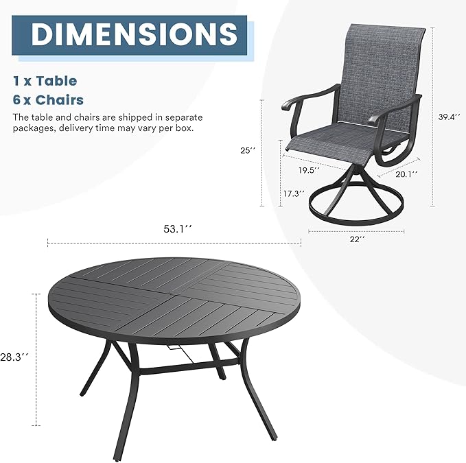 DIFY 7 Pieces Outdoor Patio Dining Set, 6 Dark Grey Textilene Swivel Dining Chairs and 53.1" Black Round Metal Dining Table, Outdoor Table and Chairs