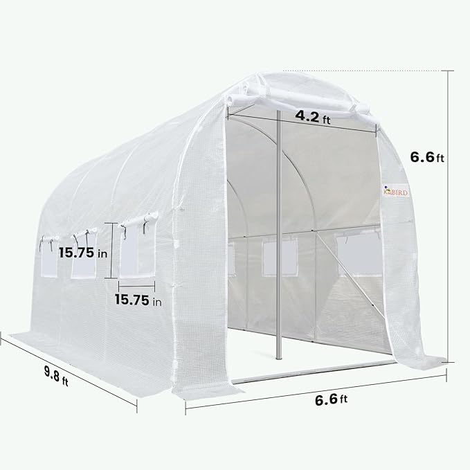 KING BIRD Premium 15x6.6x6.6FT Greenhouse for Outdoors, Large Walk-in Upgraded Galvanized Metal Frame, Mesh Door Screen Window Improved Zipper Tunnel Hoop for Garden Plant Winter, 2 Stiffeners, White