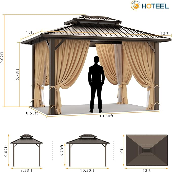 HOTEEL 10x12 Hardtop Gazebo Hot Tub Gazebo with Flame-Retardant Curtain Netting, Heavy Duty Pavilion with Galvanized Steel Double Roof, Aluminum Frame Outdoor Canopy for Patio, Party (2025 Upgraded)