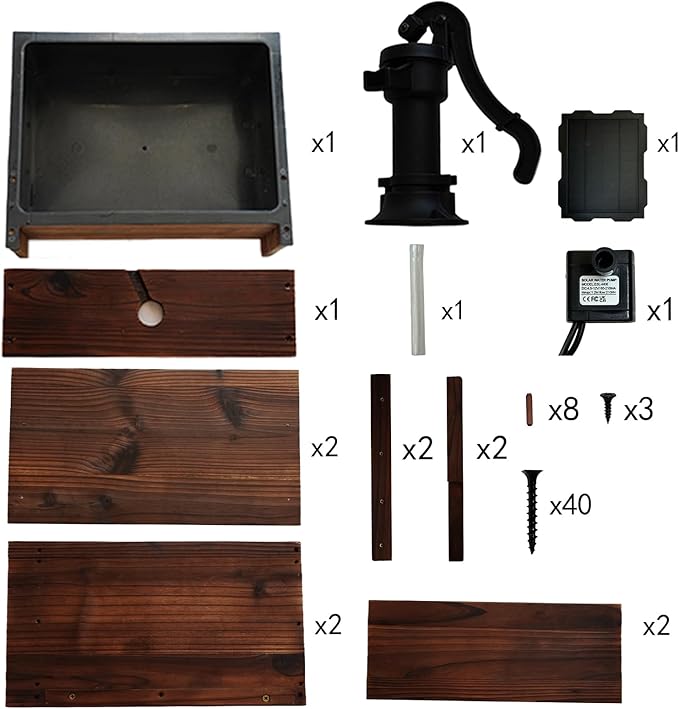 Outdoor Water Fountain,Floor Wooden Rectangular Double-Layer Old-Fashioned Pump Fountain with Flower Box,Solar-Powered Electric Decorative Hand Pump,Outdoor Water Feature for Garden Patio Backyard