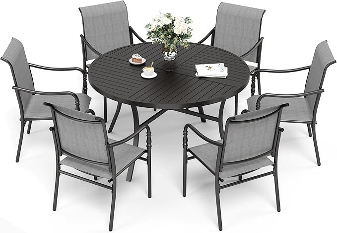 Patio Table and Chairs Set of 6, All-Weather Breathable Textilene Patio Chair with Gourd-Shaped Armrests, 54x54 Round Table with Umbrella Hole, 7 Pcs Metal Frame Patio Dining Set