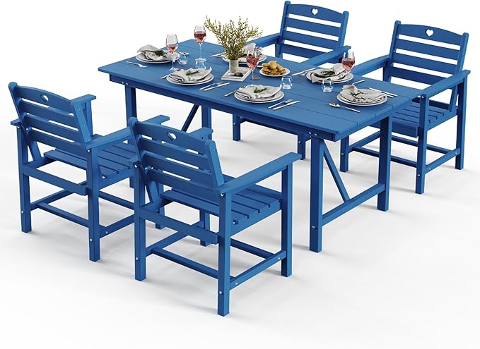 Patio Table and Chairs Set with Umbrella Hole, HDPE Patio Dining Set for 4, Outdoor Dining Set for Lawn, Patio, Porch, Deck, Poolside, Yard (Classic Blue, 5-Piece)