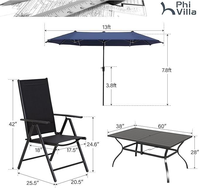 PHI VILLA 7 Piece Patio Dining Furniture Set with Umbrella (Blue), Outdoor Table and Chairs for 6, Foldable Patio Dining Chairs (Black) with Adjustable Backrest & Metal Dining Table for Garden, Deck