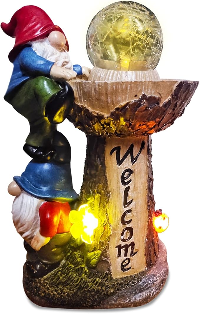 Garden Gnome Statues, Garden Statues for Outside with Solar LED Lights,10.4 in Funny Double Gnomes Sculptures Outdoor Decorations for Yard, Ideal Gnomes Gifts for Women/Grandma/Mom
