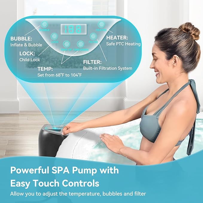 Inflatable Hot Tub with LED Lights, 2 Person Oval Portable Blow up Hot Tub Spa with Side Table, Leak-Proof PVC Outdoor Spa with 100 Air Jets, Heater Pump and Insulated Cover, 75” L X 47”W X 25”H