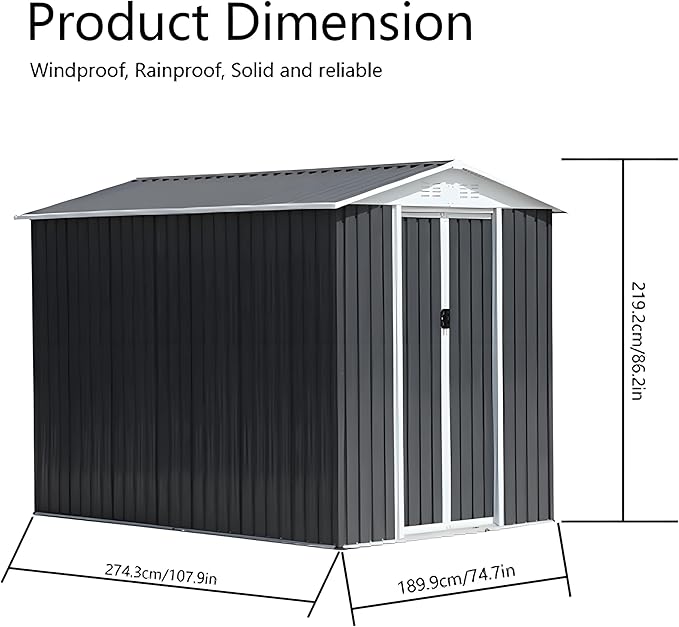 6x9ft Outdoor Metal Storage Shed Waterproof Garden Shed with Lockable Door, Windows & Vents, Tool Metal Storage for Patio Furniture Lawnmower(Grey)