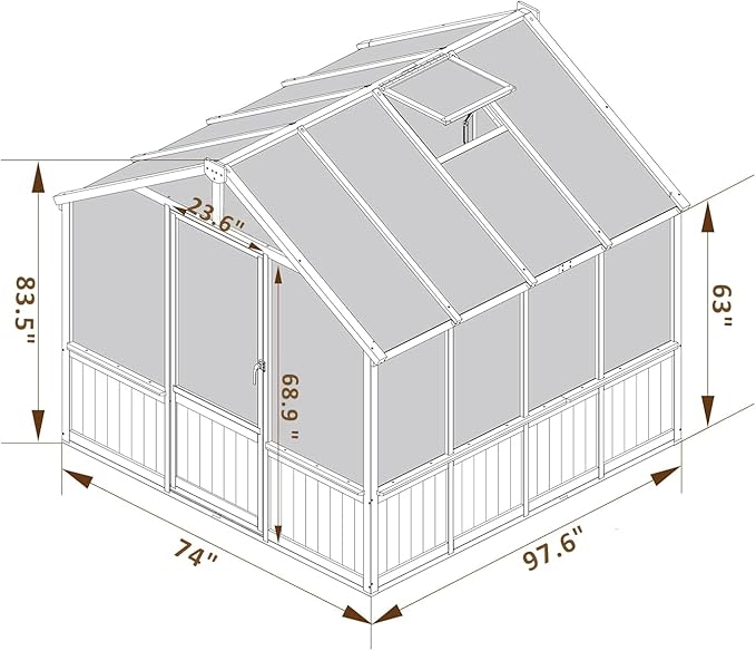 Greenhouse for Outdoor, 6x8ft-8x12ft Wooden WAK-in Greenhouse Kitwith 6MM Thick Polycarbonate Panel, Lockable Door & Adjustable Roof Vent ,Backyard Garden (Light Mocha Brown, 6x8 FT)