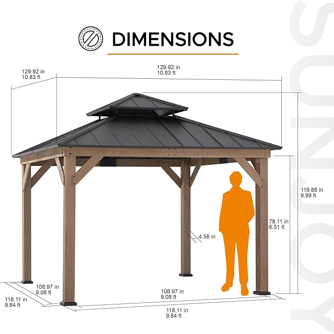 SUNJOY 11 x 11 ft. Wood Gazebo Standard Cedar Framed Gazebos with Black Double Steel Hardtop Roof for Garden, Backyard Shade, Dark Brown Roof + Dark Wood Frame