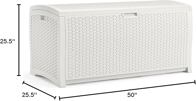 Suncast 99 Gallon Wicker Horizontal Outdoor Deck Box with Hinged Lid, Water-Resistant Storage Solution for Patio, Deck, Yard, and Garage, White, Made in the USA
