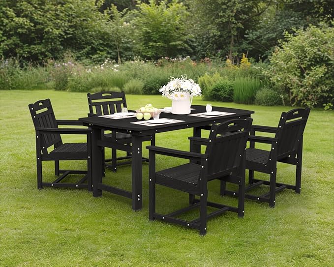 Ciokea HDPE Outdoor Dining Set 5-Piece Patio Table and Chairs with Umbrella Hole, All-Weather Patio Dining Set for 4, Durable Patio Furniture Set for Backyard, Garden, Lawn & Poolside, Black