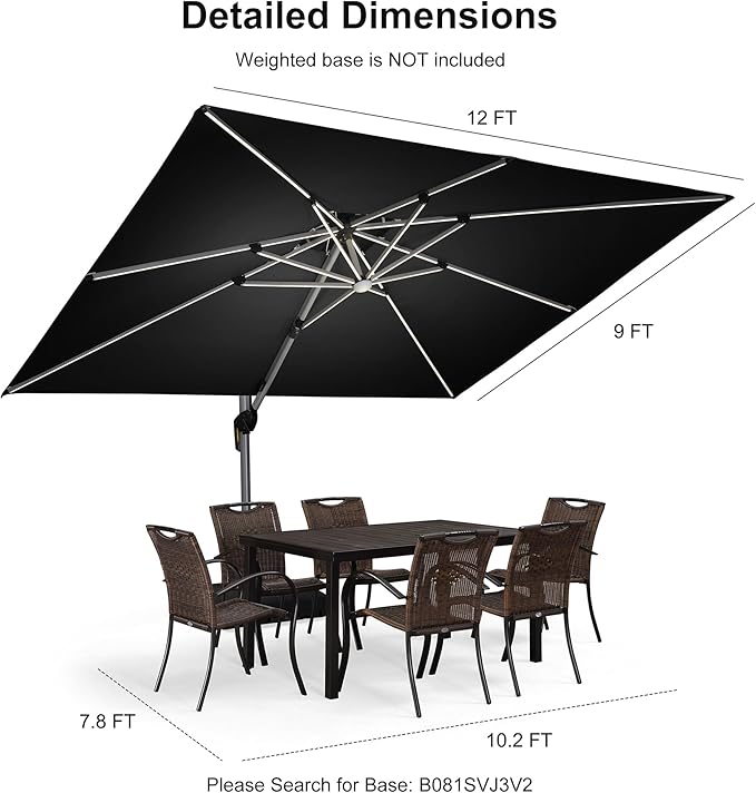 PURPLE LEAF 9' X 12' Double Top Deluxe Solar Powered LED Rectangle Patio Umbrella Offset Hanging Umbrella Outdoor Market Umbrella Garden Umbrella, Black