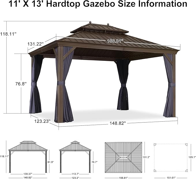 PURPLE LEAF 11' X 13' Outdoor Hardtop Gazebo Patio Wide Aluminum Frame Metal Double Roof with Heavy Duty Netting and Curtains for Permanent Hard Top Pavilion Screen, Navy Blue