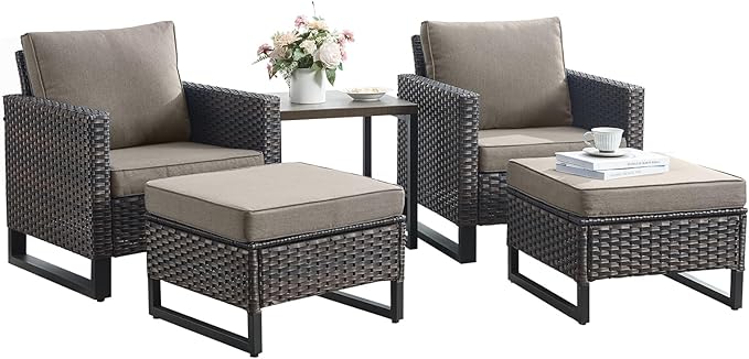 Rilyson Wicker Outdoor Patio Furniture Set - 5 Piece Patio Conversation Set with 2 Wicker Armrest Chairs,2 Rattan Ottoman and 1 Metal Side Table for Outside Porch Deck Backyard Garden(Brown/Grey)