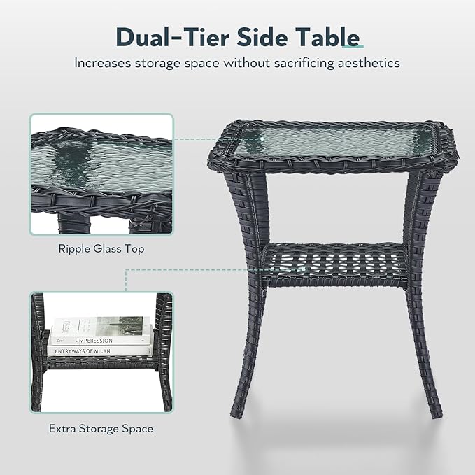 7 Piece Patio Furniture Set - Wicker Patio Conversation Set with Swivel Glider, Glider Loveseat, Tempered Glass Side Table and 2 Ottomans for Deck Backyard - Black Wicker Beige Cushion